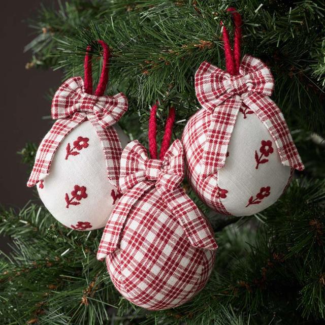 Flower Holiday Ornaments, Set of 3 - Red/White, Cotton | The Company Store