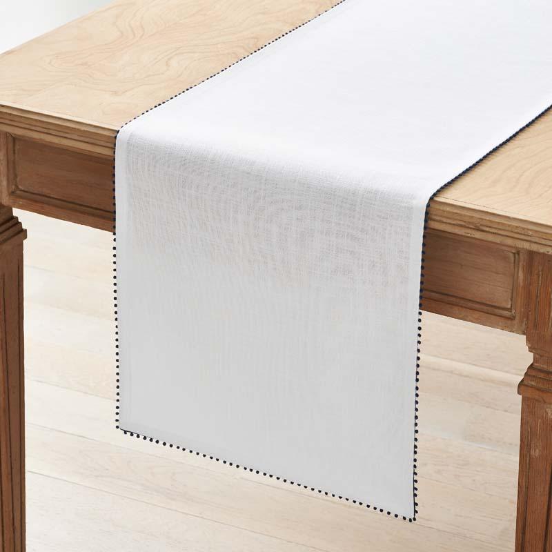 Pom Fringe Table Runner - Blue, 16 in. x 90 in. - Blue/White, Size 16 x 90, Cotton | The Company Store