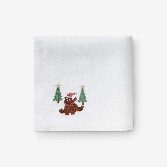 Embroidered Novelty Napkins, Set of 4 - Brown/White, Size 19 x 19, Cotton | The Company Store