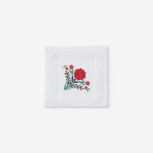 Embroidered Novelty Cocktail Napkins, Set of 4 - Red/White, Size 5 x 5, Cotton | The Company Store
