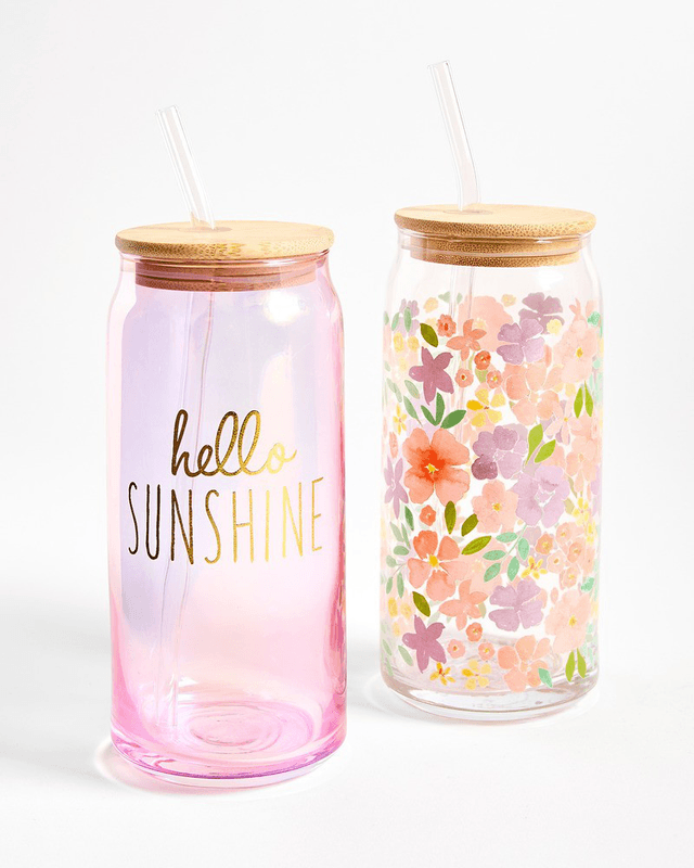 Floral and Hello Sunshine Glass Tumbler Set