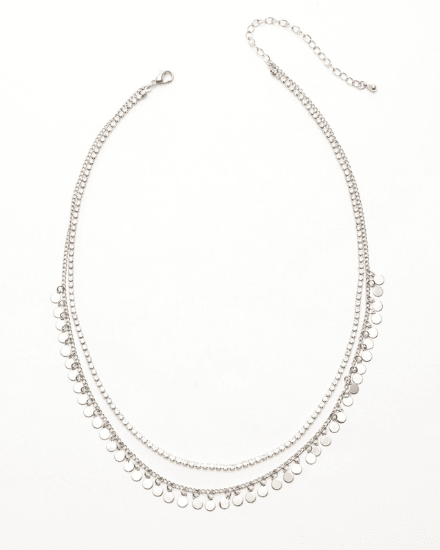 Two-Strand Disc and Rhinestone Chain Necklace in Silver