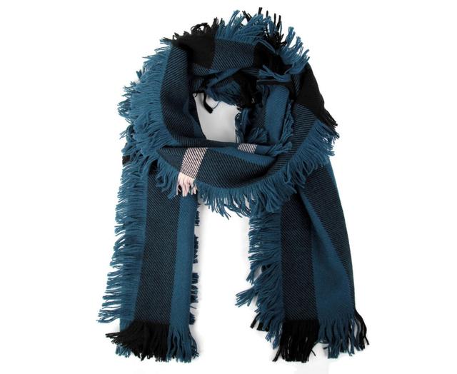Burberry Women's Blue / Black Wool Fashion Scarf With Fringe And Pink Stripe