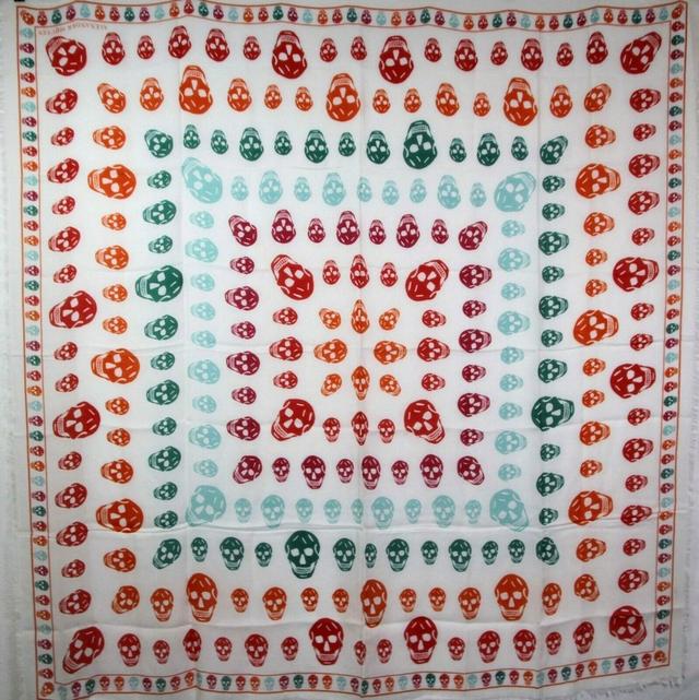 Alexander McQueen Women's Ivory / Orange Shawl With Multiskull Box Print
