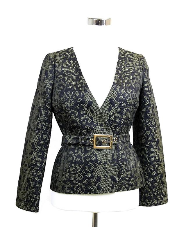Gucci Women's Green Black Cotton Silk Acrylic Print Belt Runway Blazer Jacket (Size 40)