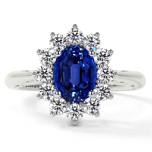 Four Prong Princess Diana Inspired Oval Sapphire Halo Ring (2.15cttw)- RBS005-8X6-AAAA