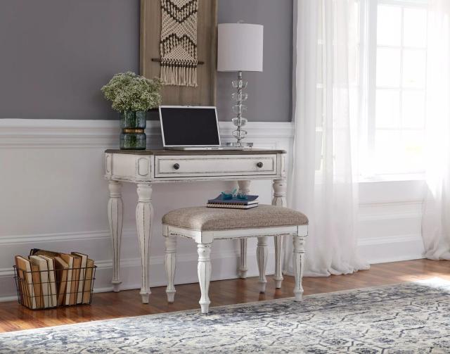 Magnolia Manor Antique White And Weathered Bark Vanity Desk with Bench