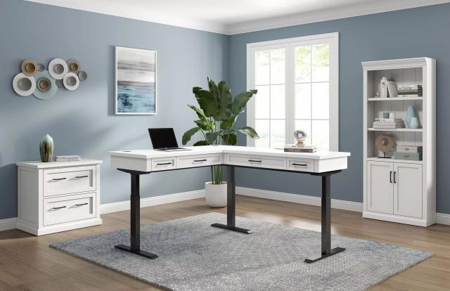 Abby White Adjustable Height Electric Sit Stand L Shape Home Office Set