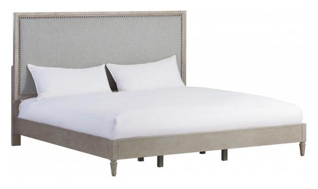 Zest Gray and Brown Queen Upholstered Panel Bed with Nailhead Trim