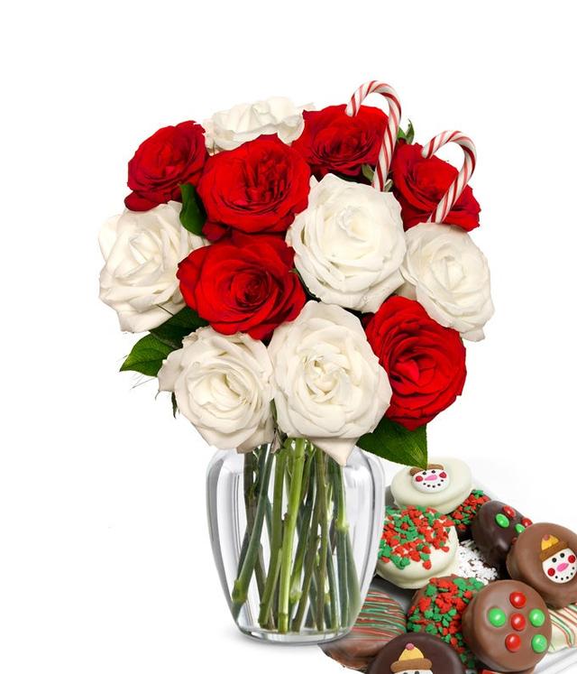 Dozen Candy Cane Roses with Christmas Oreos