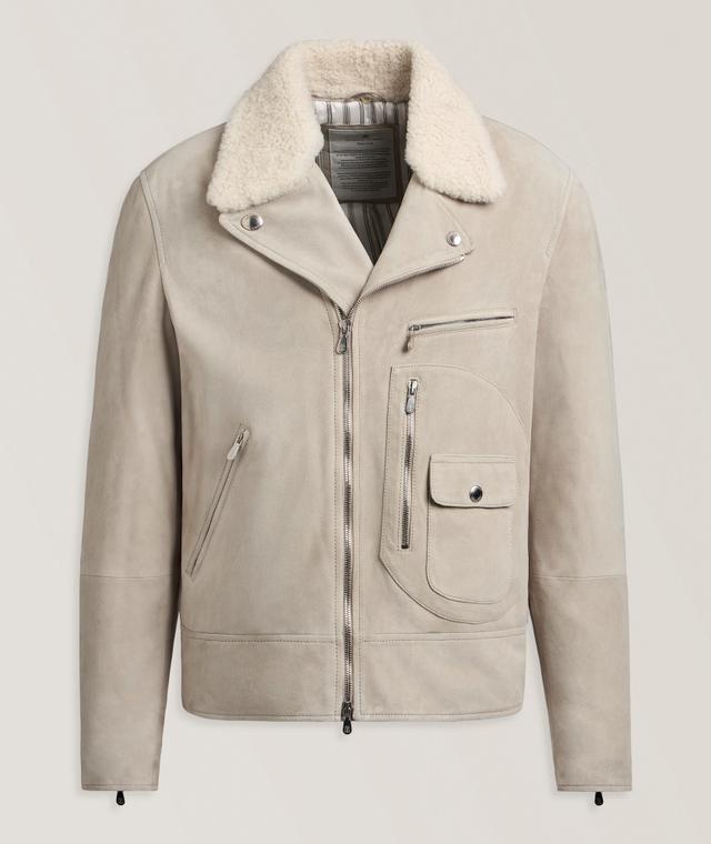 Brunello Cucinelli Faux Fur-Trim Leather Biker Jacket In Beige | Men's Size Medium