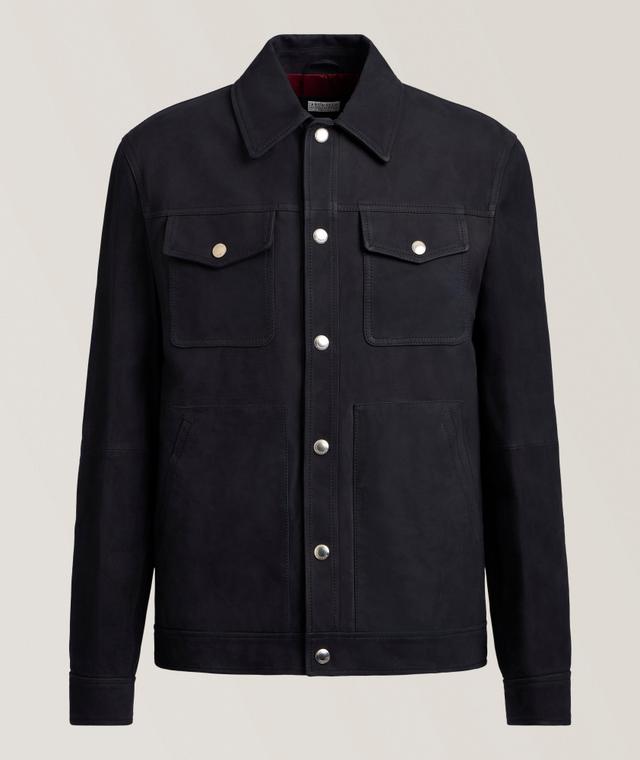 Brunello Cucinelli Classic Suede Leather Jacket In Blue | Men's Size Medium Leather/Suede
