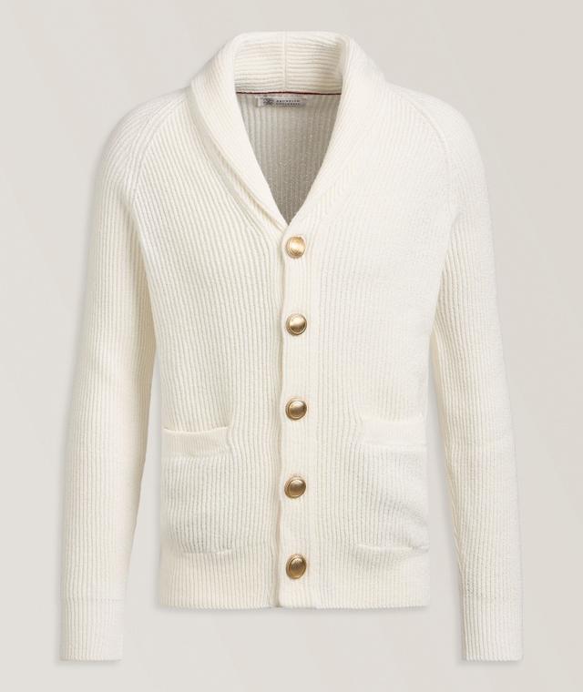 Brunello Cucinelli Ribbed Shawl Collar Cardigan Sweater In White | Men's Size 46