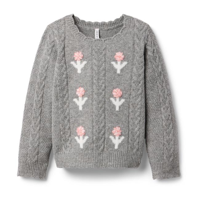 Janie and Jack | Embroidered Floral Cable Knit Sweater - Grey / 6-12m