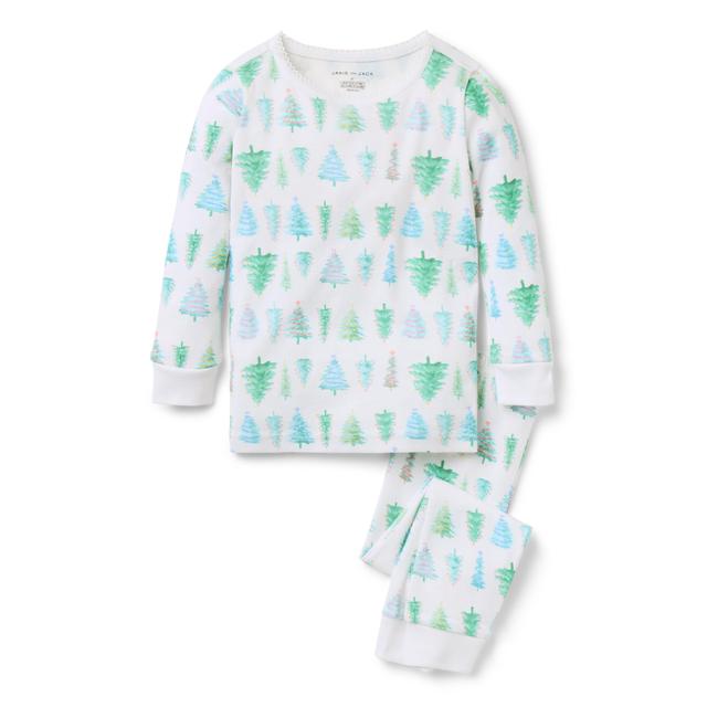 Janie and Jack | Good Night Pajama In Christmas Tree - White / 4