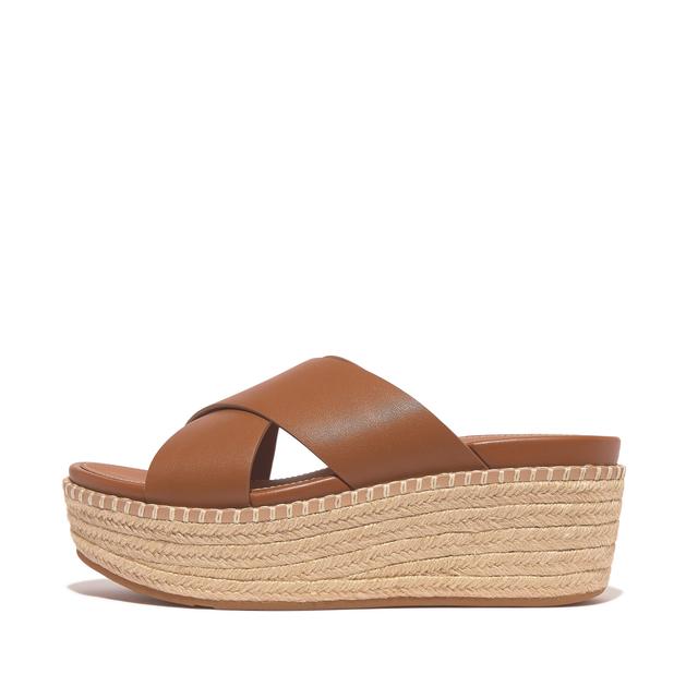 FitFlop ELOISE Espadrille Leather Wedge Cross Slides, Outlet, Light Tan, Size: US 10