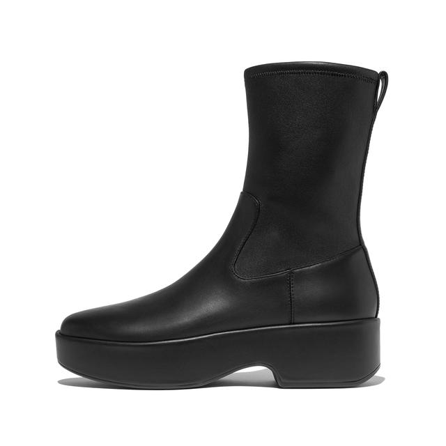 FitFlop F-LUMA Stretch Leather Demi-Wedge Mid-Calf Boots, Outlet, Black, Size: US 9