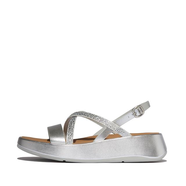 FitFlop F-MODE Crystal-Mix Flatform Strappy Back-Strap Sandals Leather Crystal Covered Microfibre, Outlet, Silver, Size: US 8