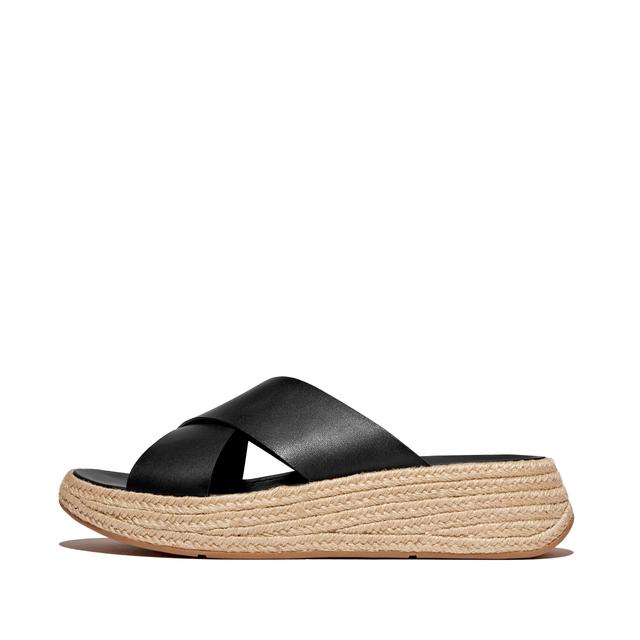 FitFlop F-MODE Espadrille Leather Flatform Cross Slides, Outlet, Black, Size: US 8.5