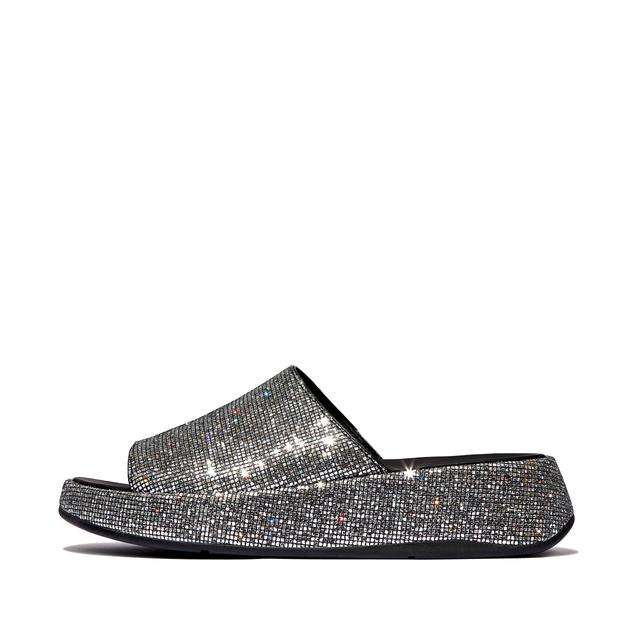 FitFlop F-MODE Glitterball Flatform Slides Leather/Polyester/Elastic, Outlet, Silver, Size: US 8