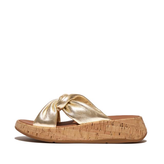 FitFlop F-MODE Metallic Leather-Twist Flatform Slides (Cork Wrap), Outlet, Platino, Size: US 6