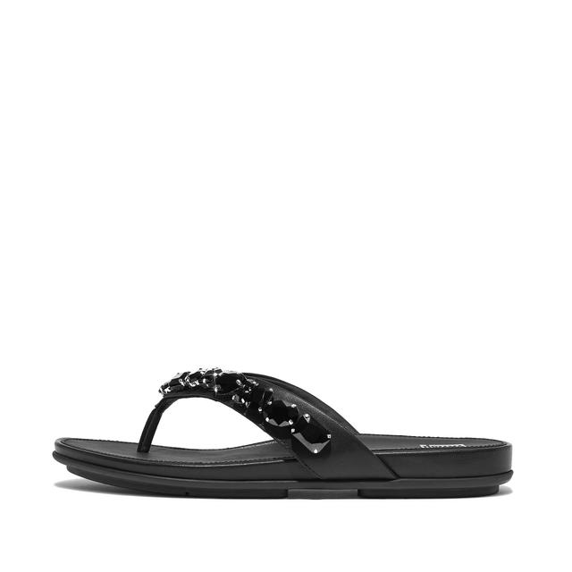 FitFlop GRACIE Jewel-Deluxe Leather Flip-Flops, Outlet, Black, Size: US 5