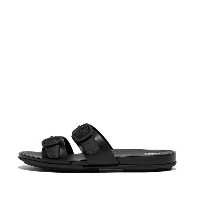 FitFlop GRACIE Buckle Two-Bar Leather Slides, Outlet, All Black, Size: US 6