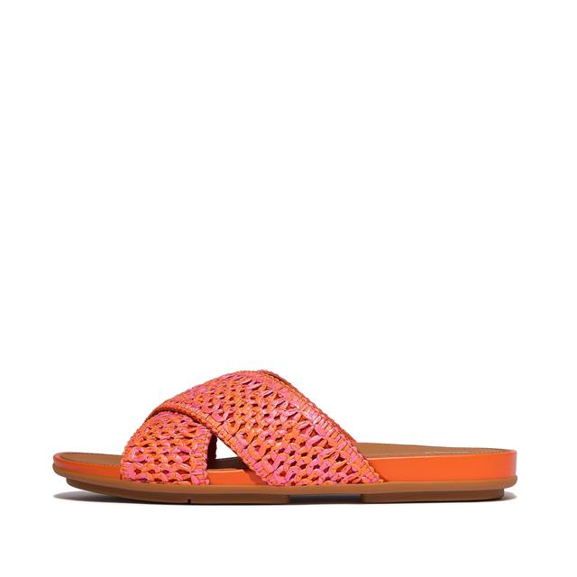 FitFlop GRACIE Two-Tone Woven Cross Slides Faux Raffia/Polyester, Outlet, Satsuma Pink Mix, Size: US 8.5