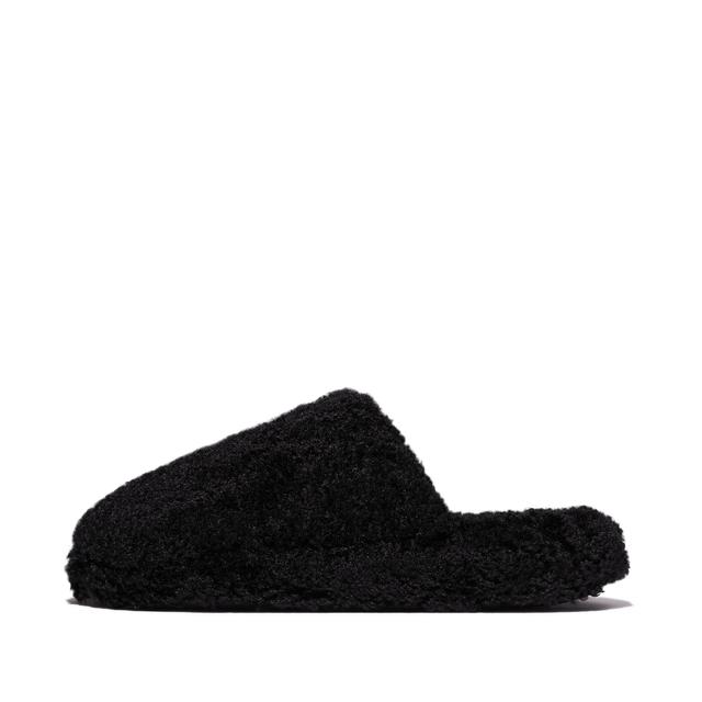 FitFlop IQUSHION D-LUXE Padded Teddy Slipper Mules Fleece Polyester, Outlet, All Black, Size: US 7