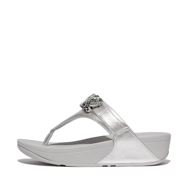 FitFlop LULU Jewel-Deluxe Metallic-Leather Toe-Post Sandals, Outlet, Silver, Size: US 5