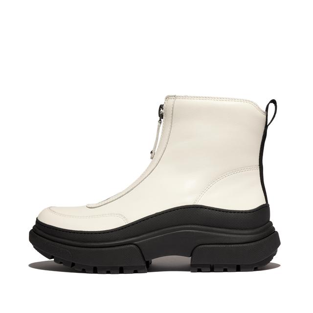 FitFlop WYLDER Zip-Front Leather Ankle Boots Leather/Nylon, Outlet, Cream, Size: US 5