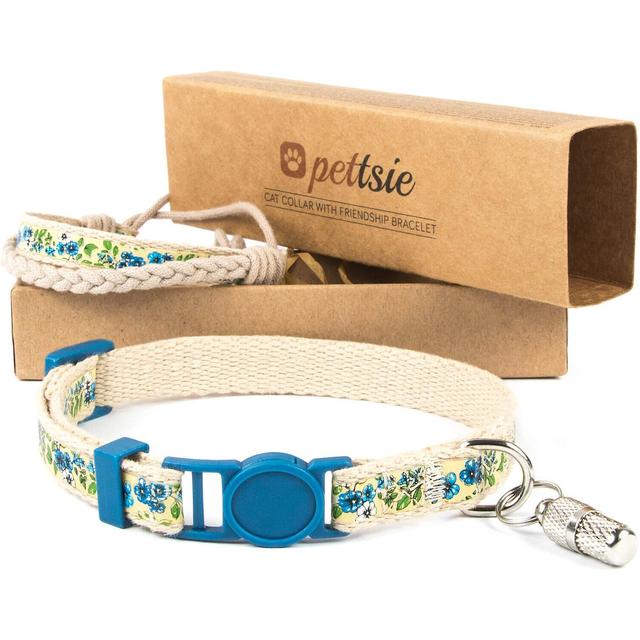 Pettsie Flower Cat Collar with Friendship Bracelet, Blue, 7.5-in