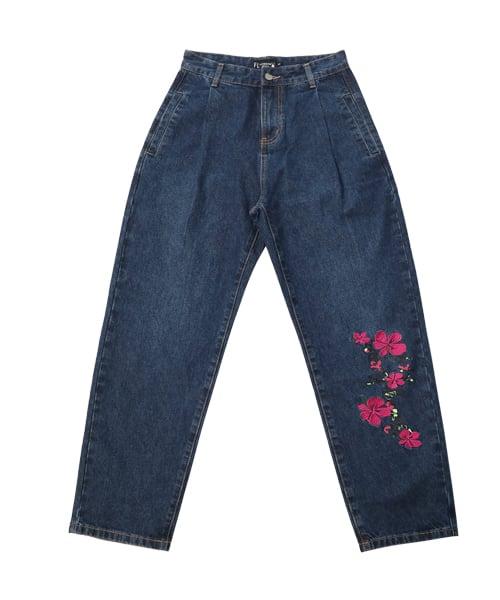 Women's Flower Embroidery Tapered Denim Pants DARK INDIGO / FS0WDP03F67 [DARKBLUEDENIM]