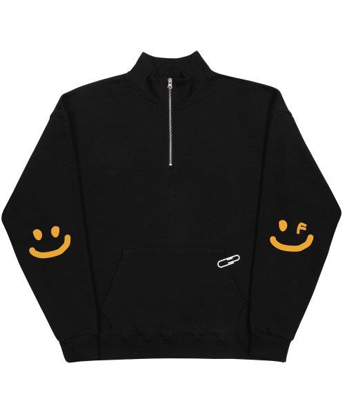 Unisex Black Half Zip Sweatshirt with Smiley Elbow Graphic
