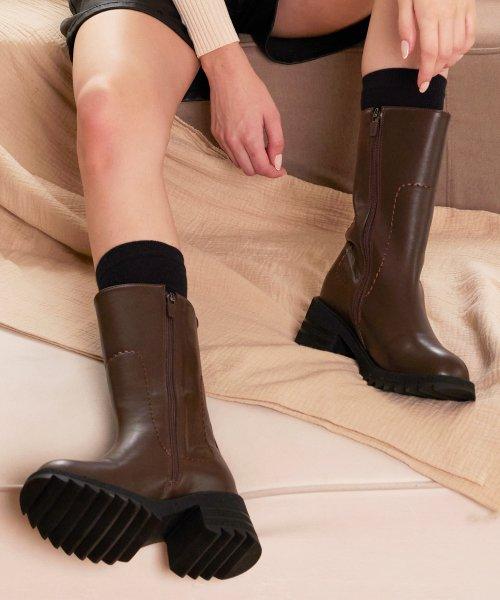 Stitch Point High Top Middle Boots (BROWN) [DARKBROWN]