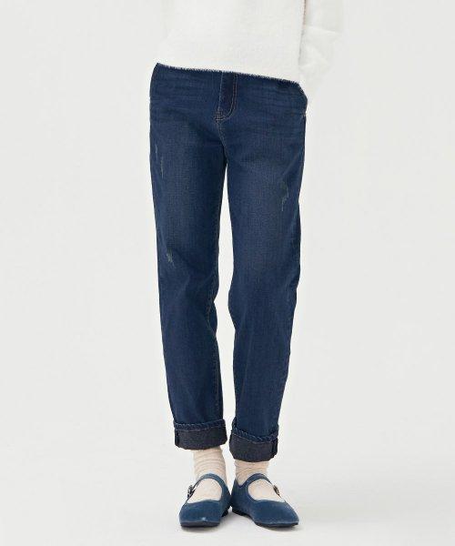 Women's brushed back banding diagonal pocket tapered denim pants - BFRG2356D0N [DARKBLUE]