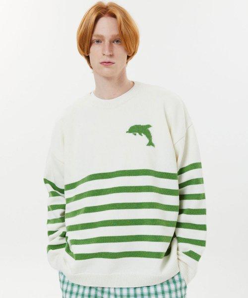 Big Dolphin Logo Stripe Crew Neck Knit Ivory [IVORY]