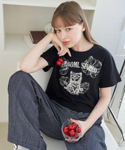 Flowercat Crop Short Sleeve T-Shirt (Black) ver2 [DENIM]