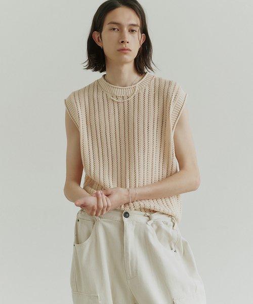 Cotton Crochet Rolling Vest (Ivory) [IVORY]