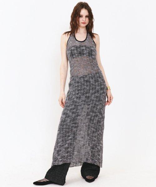 HALTER NECK CROCHER KNIT DRESS GRAY [GRAY]