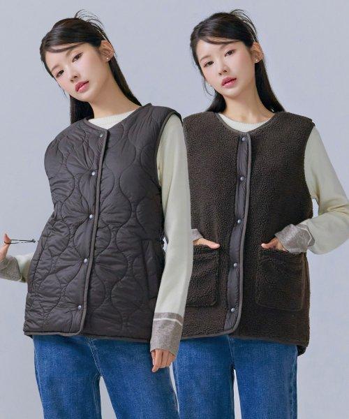 Women's Reversible Boa Vest-CFRG7361C08 [BROWN]