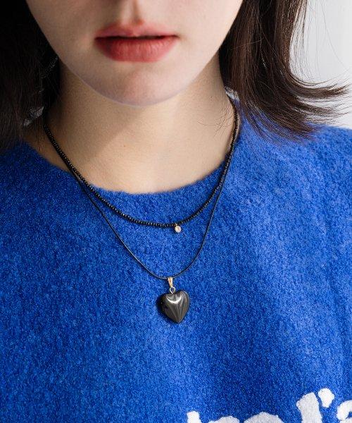 CKE215 [2SET]Black Heart Beads Two Lines Layered Necklace [BLACK]