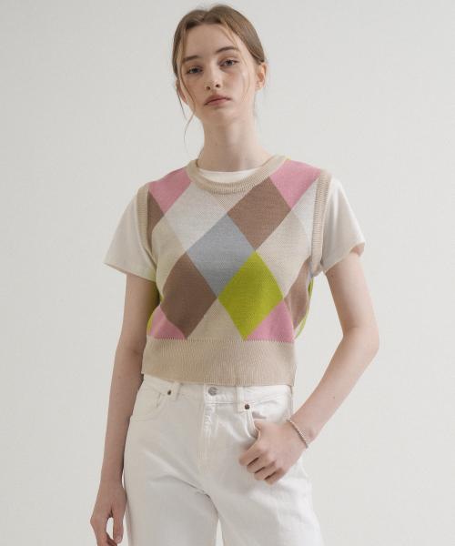 Round Coloration Knit Vest (Beige) [BEIGE]