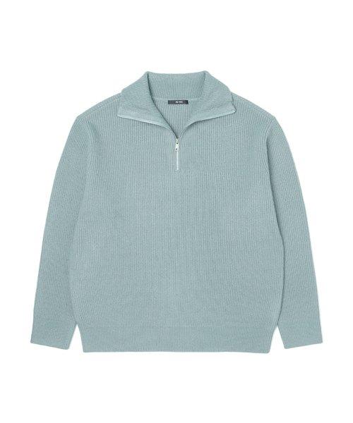 Men's half-zip ribbed high neck knit (LT-GREEN) (HZALK11-67) [LIGHTGREEN]