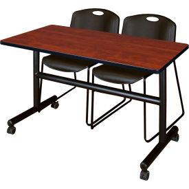 Regency Kobe Training Nesting Table with 2 Zeng Black Stack Chairs, 48"L x 24"W, Cherry