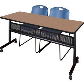 Regency Kobe Privacy Nesting Table with 2 Zeng Blue Stack Chairs, 72"L x 24"W, Noble Oak