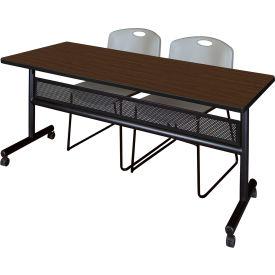 Regency Kobe Privacy Nesting Table with 2 Zeng Gray Stack Chairs, 72"L x 30"W, Neo Walnut