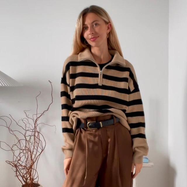 LILYSILK Pulls En Laine Femme Camel À Rayures Noires Style Polo, Coupe Décontractée 100 % Laine Mérinos Ultra Fine Incroyablement Doux Et Chaud L