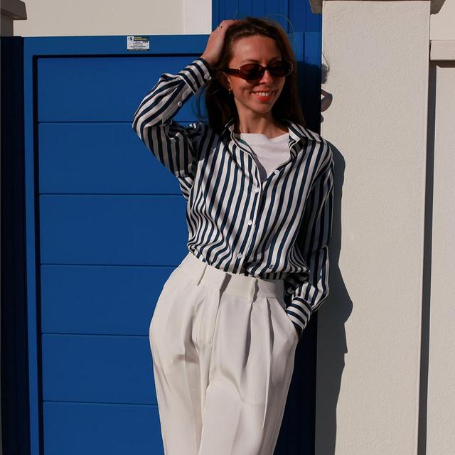 LILYSILK Silk Top For Women Fashionable Striped Silk Shirt Versatile Blue-White Pinstripes L