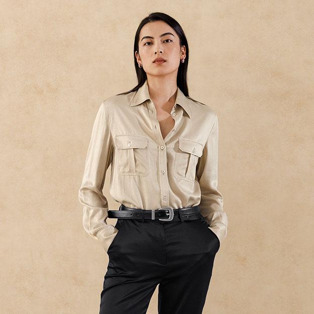LILYSILK Silk Shirt UK Camelwashed Silk Shirt With Epaulettes Lightweight Beige XL